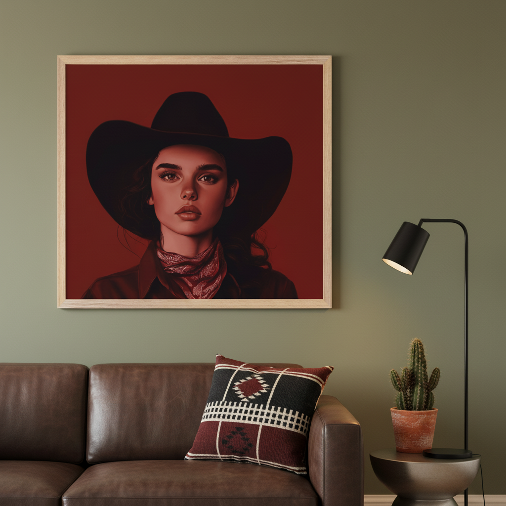 Living room with a brown leather sofa. A large framed portrait of a woman in a black cowboy hat and red bandana, in a monochromatic red style, hangs centered above the sofa.