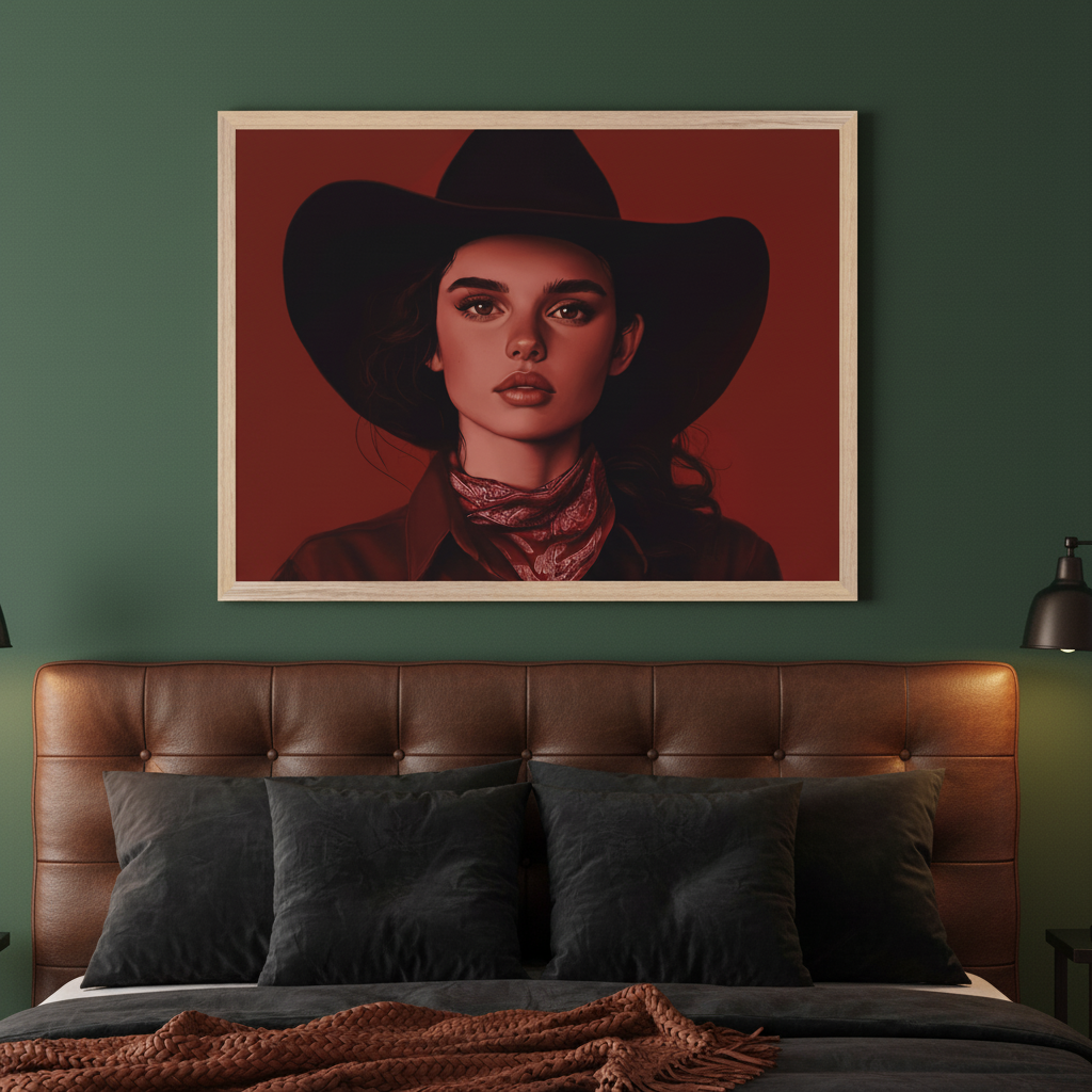 Bedroom with a brown tufted leather bed and dark pillows. A large framed portrait of a woman in a black cowboy hat and a patterned bandana, rendered in monochromatic red tones against a solid red background, hangs above the bed.