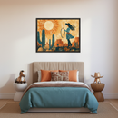 Kid's bedroom with a bed with a beige headboard and blue duvet. A framed, textured illustration of a cowgirl with a lasso in a desert landscape with saguaro cacti and a sun hangs centered above the bed.