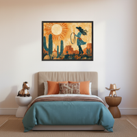 Kid's bedroom with a bed with a beige headboard and blue duvet. A framed, textured illustration of a cowgirl with a lasso in a desert landscape with saguaro cacti and a sun hangs centered above the bed.