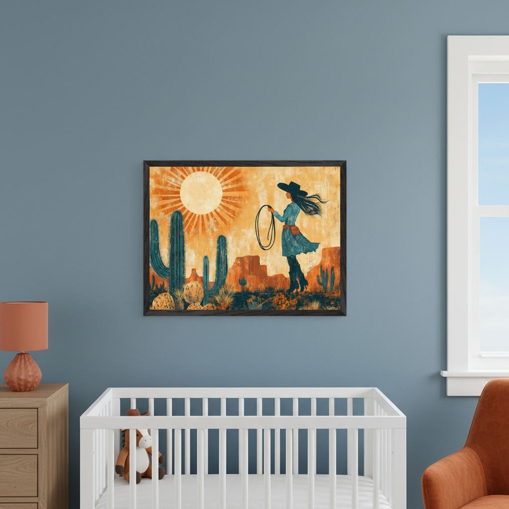 Modern nursery with a white crib, wooden dresser, and orange armchair. A framed Western-style art print hangs above the crib, depicting a cowgirl with a lasso, saguaro cacti, and desert mountains under a radiating sun, in orange and blue tones.