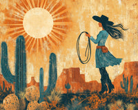 A silhouette of a woman in a flowing blue dress and wide-brimmed hat stands holding a lasso against a desert backdrop, featuring tall cacti and rugged red rock formations. The sun shines brightly with radiating rays in the orange-toned sky, capturing a classic Western scene.