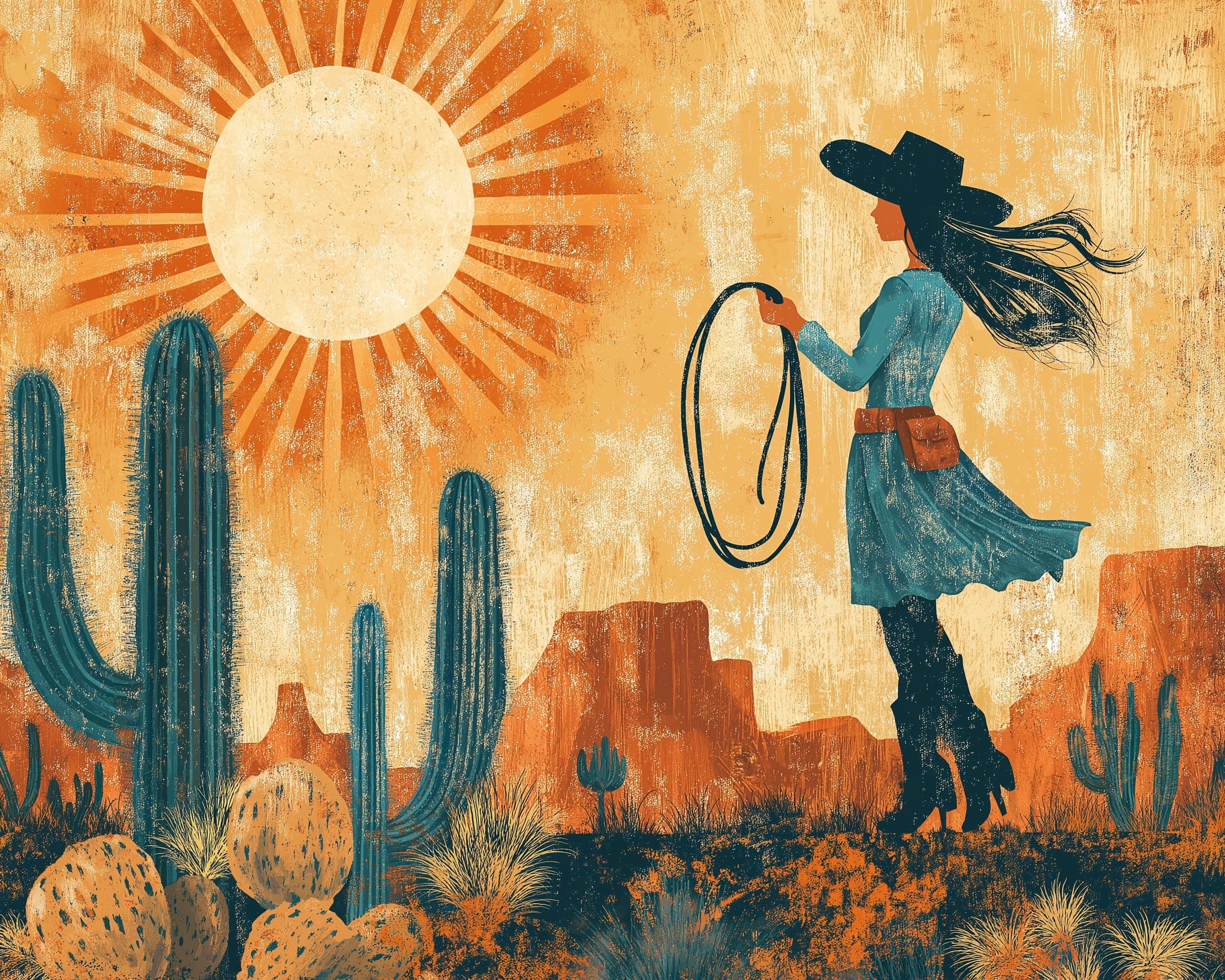 Western Cowgirl Wall Art for Nursery, Playroom or Kids Bedrooms - Desert Sunset, Cactus & Lasso Motif - Desert Star