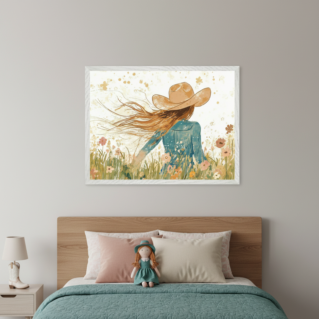 Kid's bedroom with a wooden bed and headboard. A large framed illustration of a woman in a cowboy hat, seen from behind, walking through a field of flowers with her hair blowing, hangs centered above the bed. A doll is on the bed, and a lamp on a bedside table.