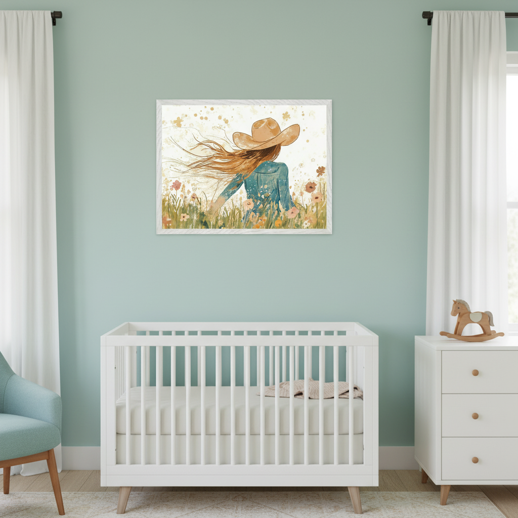Modern nursery with light green walls. A white-framed illustration of a woman with a hat and flowing hair in a field of wildflowers hangs above a white crib. A white dresser and a blue armchair are also present.