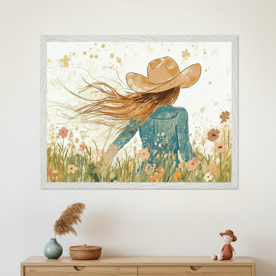 Modern room with a light wood dresser. A white-framed illustration of a woman in a cowboy hat with long, flowing hair in a field of wildflowers hangs centered above the dresser.