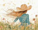 A watercolor-style illustration depicts a person with long hair wearing a wide-brimmed hat and a blue shirt, standing in a field of wildflowers. The flowers and grass are in soft pastel hues, creating a serene, dreamy atmosphere.