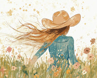A watercolor-style illustration depicts a person with long hair wearing a wide-brimmed hat and a blue shirt, standing in a field of wildflowers. The flowers and grass are in soft pastel hues, creating a serene, dreamy atmosphere.