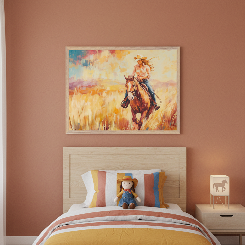 Kid's bedroom with terracotta walls. A wooden bed with striped bedding and a doll is centered. Above the bed hangs a large framed painting of a woman in a cowboy hat riding a horse through golden fields. A nightstand with a horse lamp is to the right of the bed.