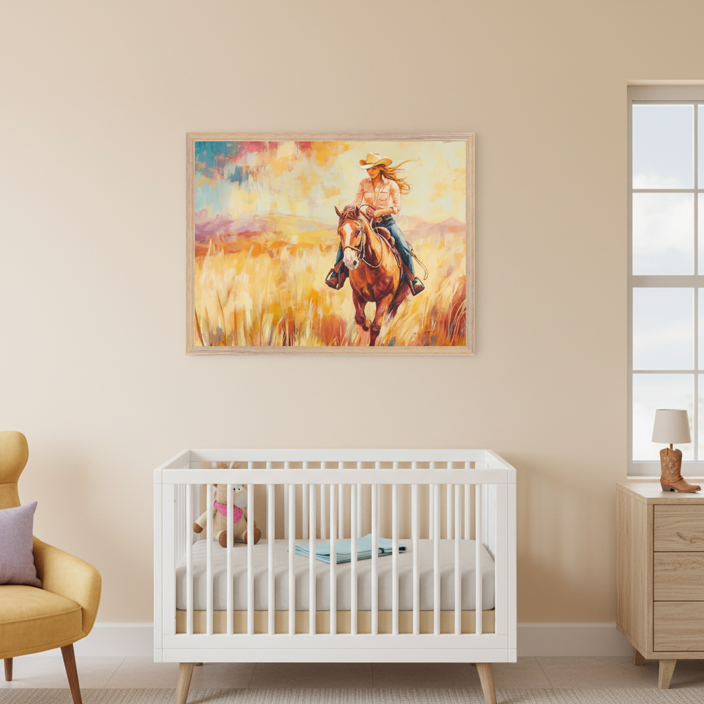 Modern nursery with a white crib and yellow armchair. A large framed expressive painting of a cowgirl riding a horse through a golden field hangs above the crib. A window and light wood dresser are to the right.