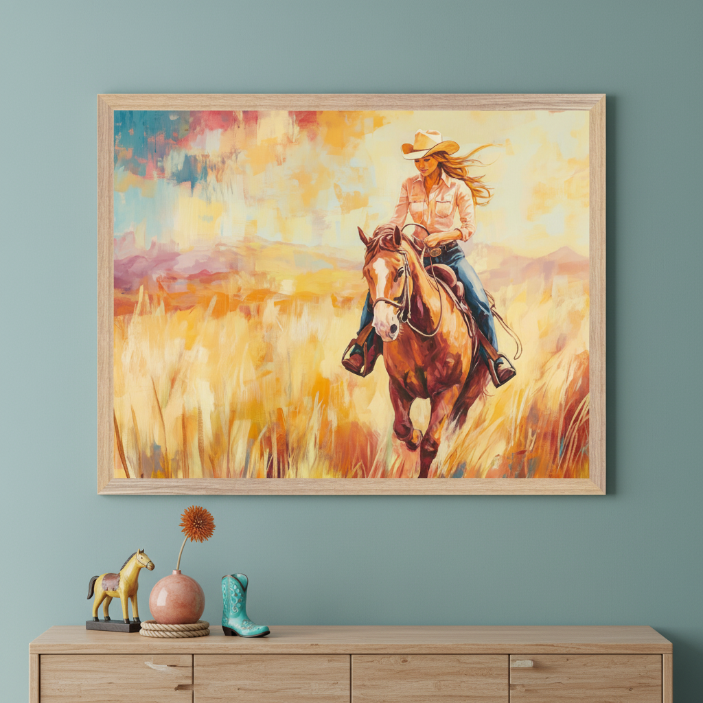 A framed painting on a wall depicts a woman in a cowboy hat riding a horse through a vibrant, golden field. Below the painting, a wooden dresser holds a small horse figurine, a decorative vase with an orange flower, and a turquoise cowboy boot ornament.