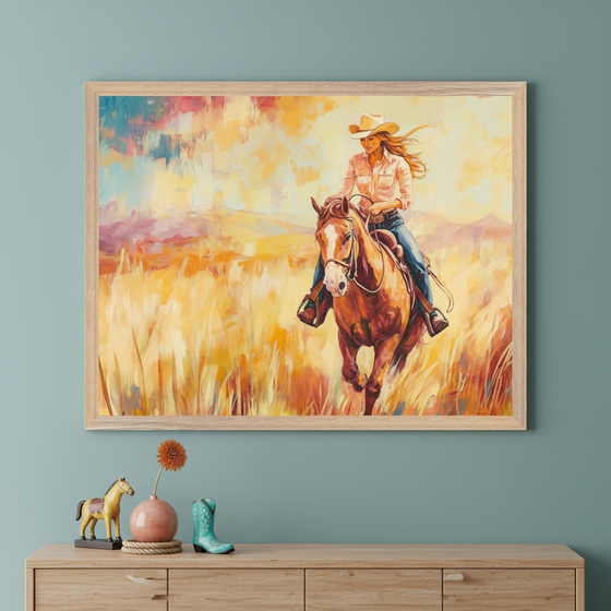 A framed painting on a wall depicts a woman in a cowboy hat riding a horse through a vibrant, golden field. Below the painting, a wooden dresser holds a small horse figurine, a decorative vase with an orange flower, and a turquoise cowboy boot ornament.