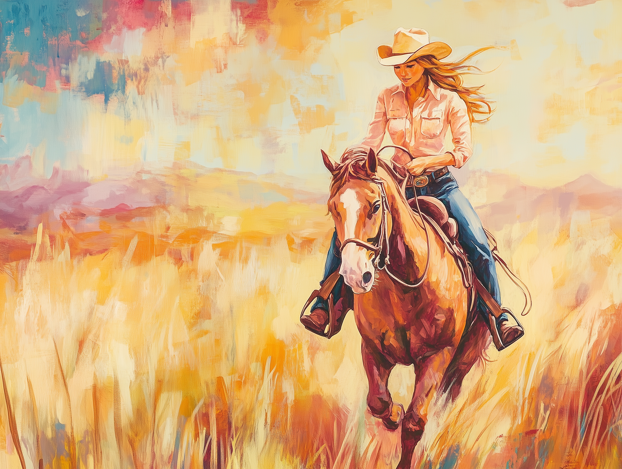 A vibrant painting depicts a woman in a cowboy hat riding a horse through a field of tall, golden grass. She wears a light pink shirt and jeans, with her hair flowing in the breeze. The background features a colorful, abstract sky with shades of blue, pink, and yellow.
