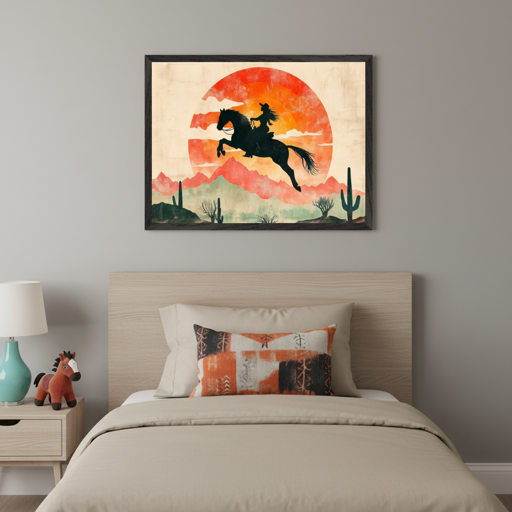 Kid's bedroom with a wooden bed and light beige bedding. A large framed silhouette of a rider on a jumping horse over an orange sunset and desert scene hangs above the headboard. A nightstand with a teal lamp and a stuffed horse is beside the bed.