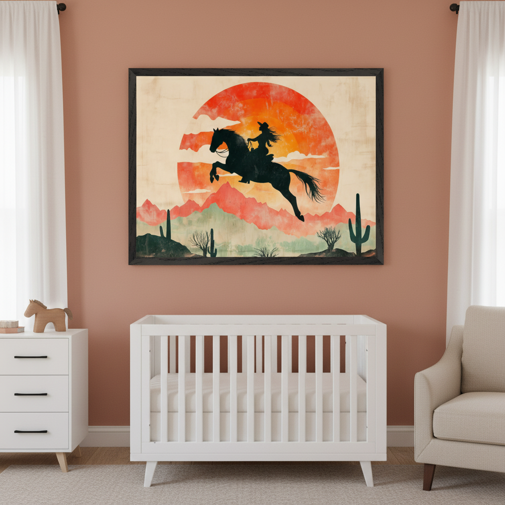 Modern nursery with a white crib, dresser, and armchair. A large framed desert art print featuring a black silhouette of a cowgirl on a jumping horse, mountains, and cacti, against a red-orange sun, hangs centered on the terracotta wall above the crib.