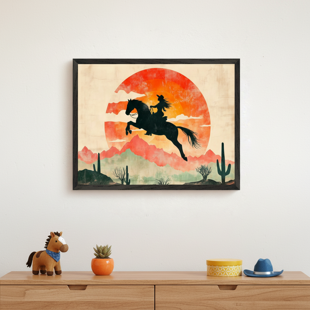 A framed artwork depicting a silhouette of a cowboy on a horse leaping against a vibrant orange sunset, with desert mountains and cacti in the background, hangs above a wooden dresser adorned with a plush horse toy, a small potted plant, a yellow bowl, and a blue hat.