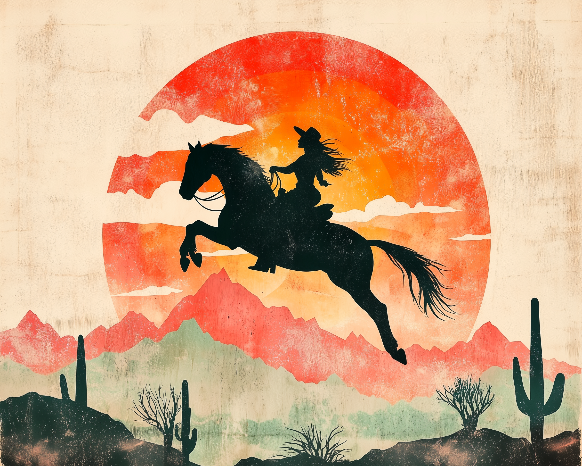 Cowgirl Wall Art for Nursery, Playroom or Kids Bedrooms - Western Sunset Silhouette with Horse and Desert Cactus - Desert Rider