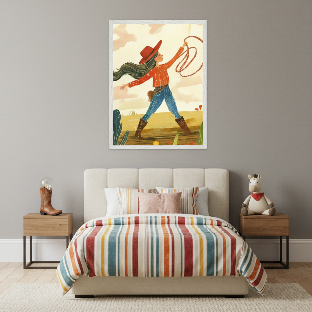 Kid's bedroom with a beige upholstered bed, striped duvet, and two wooden nightstands. A large framed illustration of a girl in a red cowboy hat, jeans, and boots, holding a lasso in a desert, hangs centered above the bed. A boot lamp is on the left nightstand, a stuffed horse on the right.