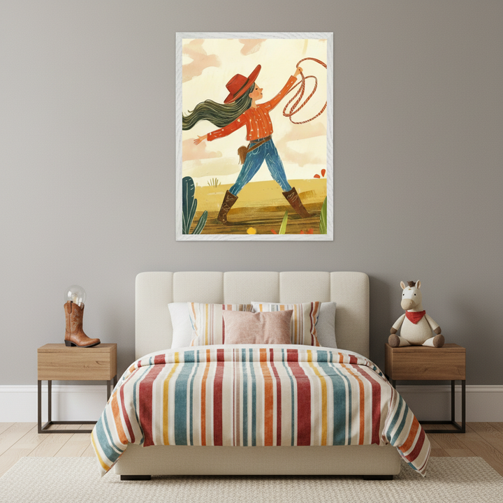 Kid's bedroom with a beige upholstered bed, striped duvet, and two wooden nightstands. A large framed illustration of a girl in a red cowboy hat, jeans, and boots, holding a lasso in a desert, hangs centered above the bed. A boot lamp is on the left nightstand, a stuffed horse on the right.