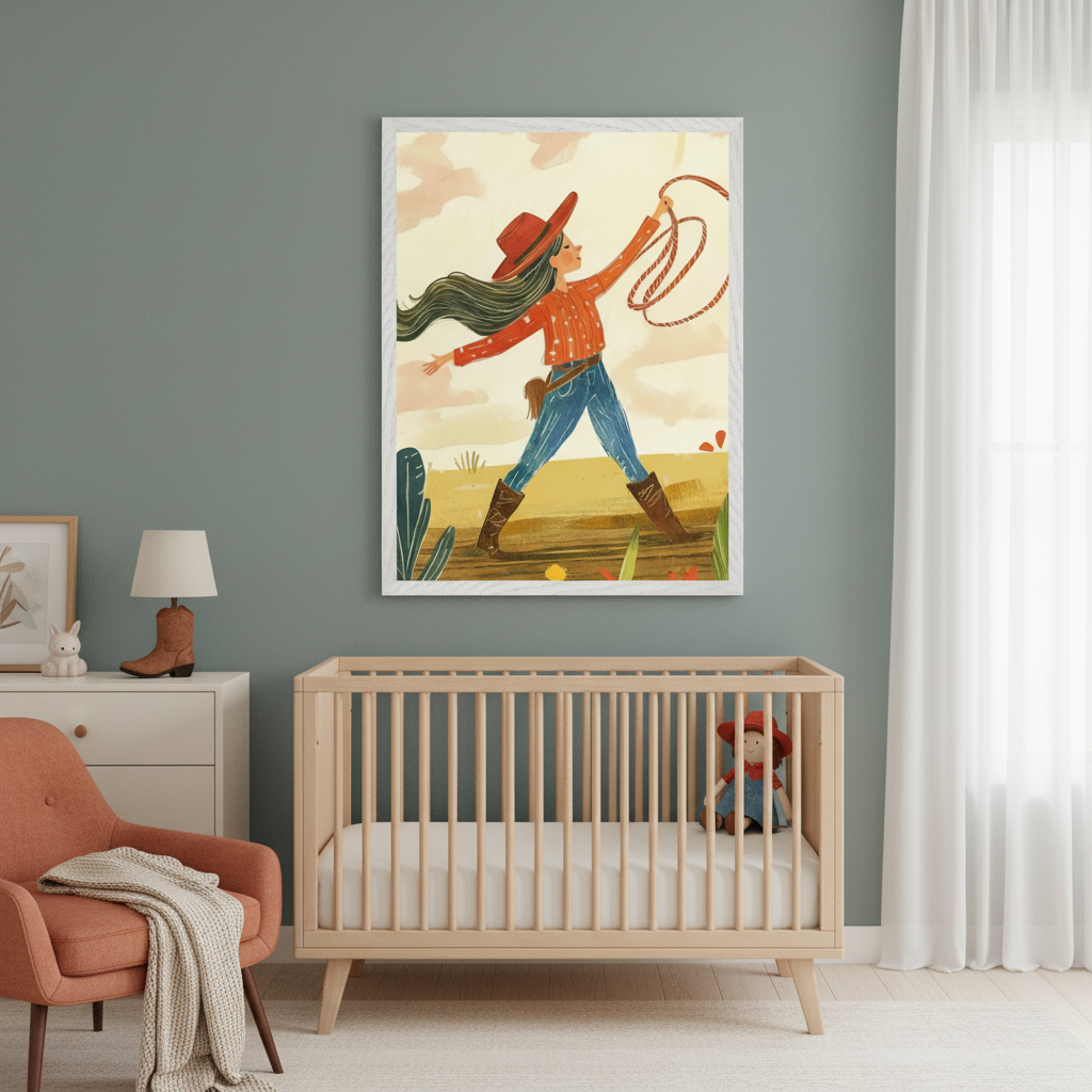Modern nursery with a light wood crib, white dresser, and orange armchair. A large framed illustration of a cowgirl in a red hat, holding a lasso, walks through a desert scene, hanging on the green wall above the crib.
