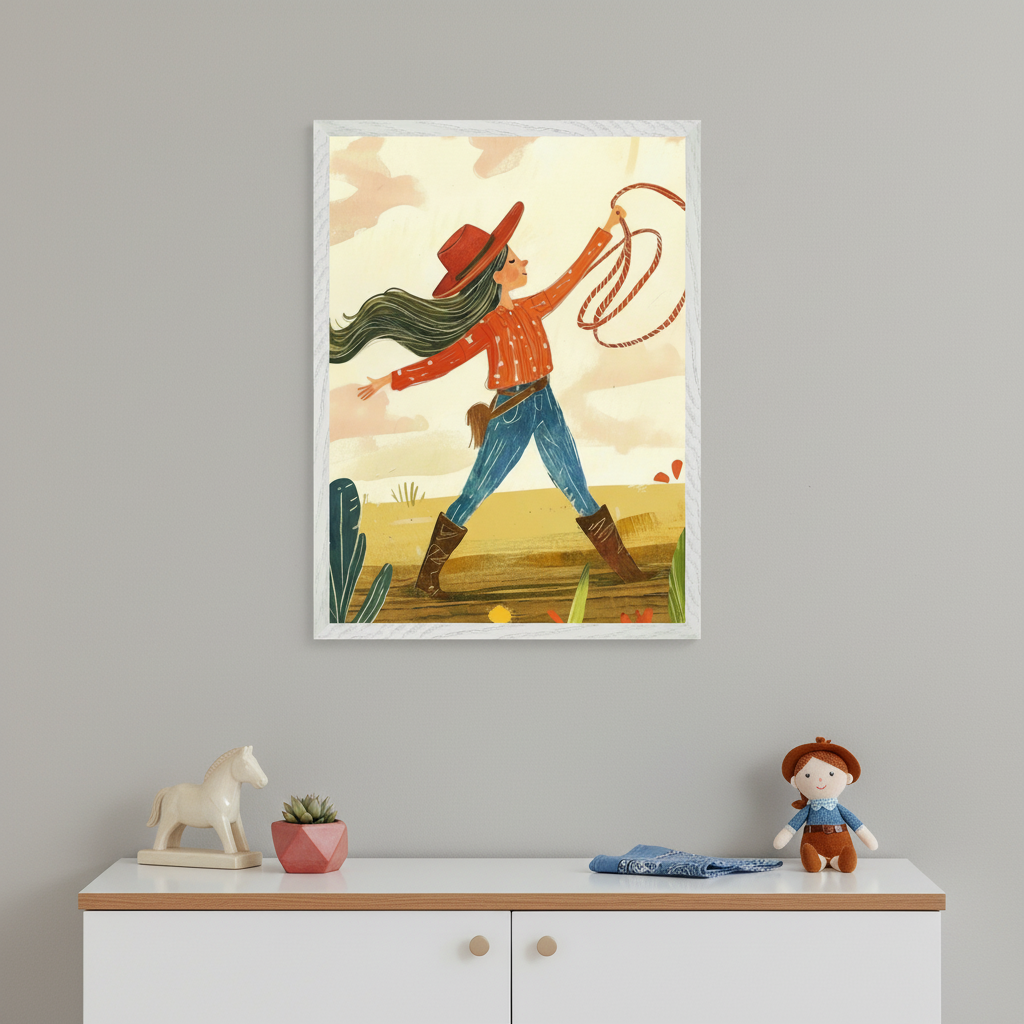 Kid's bedroom with a white dresser against a gray wall. A large framed illustration of a cowgirl in a red hat and blue jeans, holding a lasso and walking through a desert, hangs centered above the dresser. On the dresser are a horse figurine, a succulent, and a cowboy doll.