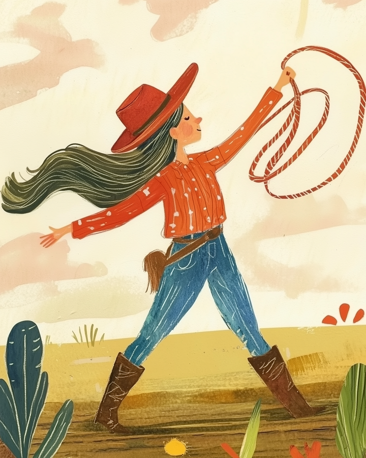 A cheerful illustration depicts a cowgirl with long, flowing dark hair, wearing a red cowboy hat and a matching red shirt with white patterns, skillfully twirling a lasso in the air against a desert backdrop.