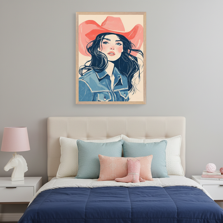 Teen's bedroom with a beige upholstered bed and white nightstands. A framed illustration of a woman in a pink cowboy hat and blue denim jacket hangs above the bed.
