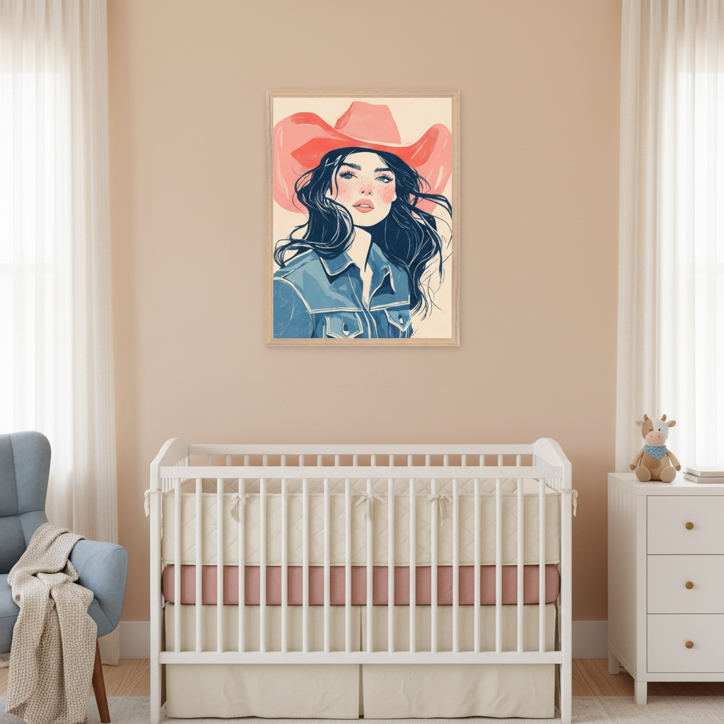 Modern nursery with a white crib, a blue armchair, and a white dresser. A framed painting of a woman with dark hair wearing a pink cowboy hat and a denim jacket hangs centered above the crib.