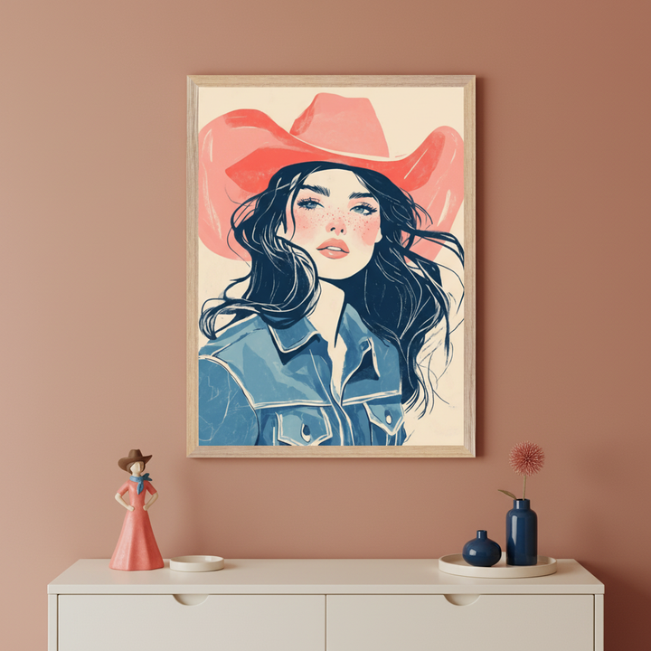 Modern room with a white console table. A large framed illustration of a woman in a red cowboy hat and denim jacket hangs centered above the table. The artwork is in a contemporary, stylized graphic style.