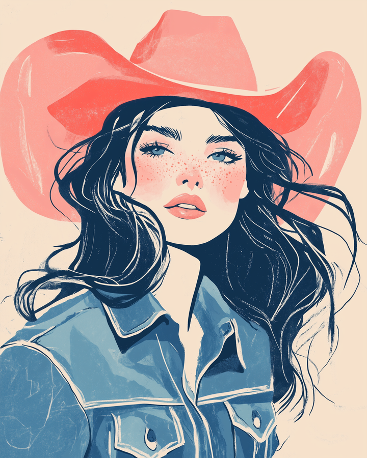 A stylized illustration of a woman wearing a large pink cowboy hat and a blue denim jacket. Her long, dark hair flows around her face, which is adorned with freckles and subtle makeup. The image has a vibrant and modern aesthetic.