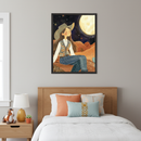 Kid's bedroom with a wooden bed and nightstand. A large framed illustration hangs above the bed, showing a young woman in a cowboy hat and western attire sitting on a rock in a desert under a starry night with a large full moon. Illustrative style.