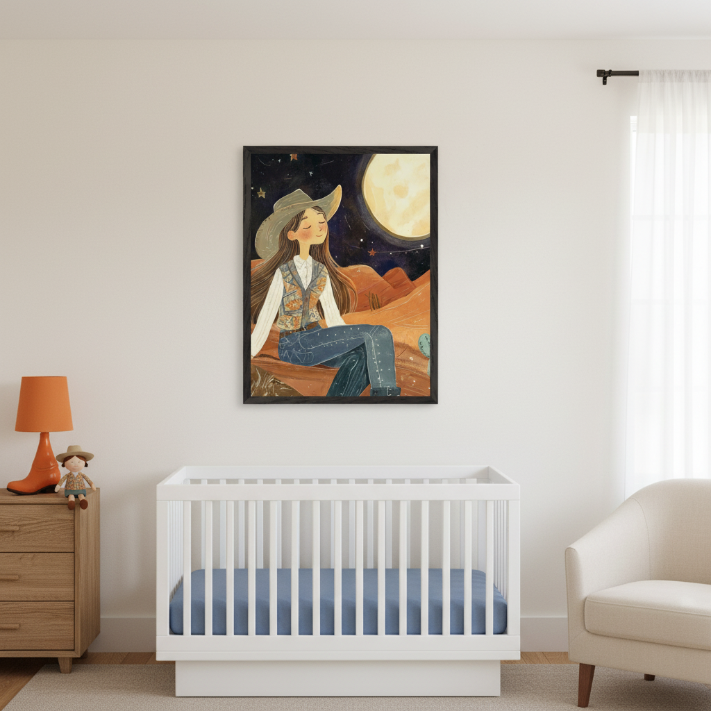 Modern nursery with a white crib, wooden dresser, and cream armchair. A framed illustration above the crib depicts a girl in a cowboy hat and vest sitting under a large moon in a desert night scene.