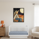 Modern nursery with a white crib, wooden dresser, and cream armchair. A framed illustration above the crib depicts a girl in a cowboy hat and vest sitting under a large moon in a desert night scene.