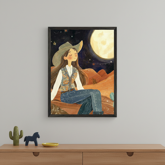 Modern room with a light wood dresser. Centered above is a framed illustration of a young woman in a cowboy hat and patterned vest, sitting in a desert under a full moon and starry night. A green cactus and blue horse figurine sit on the dresser.