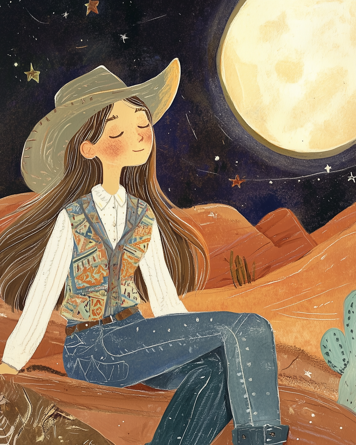 A girl in a cowboy hat sits on a desert rock under a starry night sky, with a large moon in the background. She wears a patterned vest, white shirt, and jeans, and appears relaxed and content.