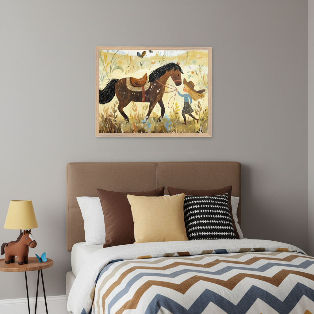 Kid's bedroom with a bed and brown headboard. A framed colorful illustration of a girl leading a saddled horse through a field hangs above the bed. A nightstand with a horse lamp is to the left.