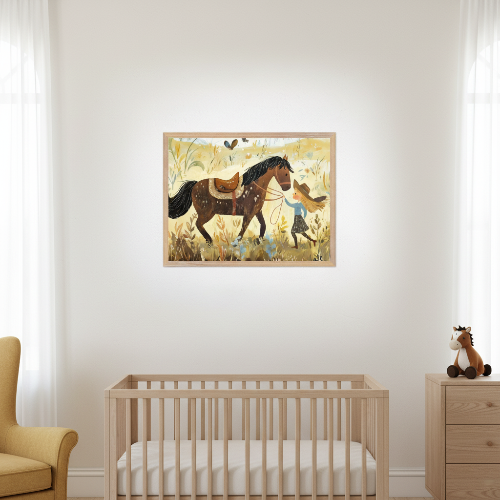 Modern nursery with a wooden crib, dresser, and a yellow armchair. Centered on the wall above the crib, a framed illustration depicts a small girl in a cowboy hat leading a saddled brown horse through a field of wildflowers.