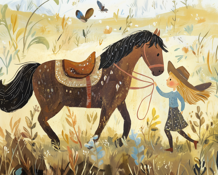 A whimsical illustration of a young girl in a wide-brimmed hat leading a brown horse with a decorative saddle through a field. The girl wears a blue top and polka dot skirt, and the scene is filled with tall grass and fluttering butterflies, creating a warm, pastoral atmosphere.