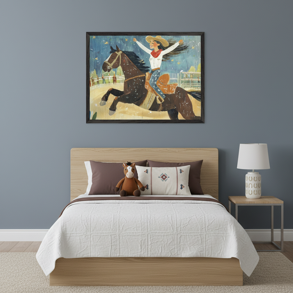 A vibrant illustration of a woman joyfully riding a galloping horse in an arena. She wears a cowboy hat, red scarf, and white shirt, with her arms raised in excitement. The background features a fence and spectators, with a sky dotted with abstract shapes.