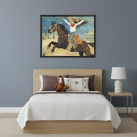 A vibrant illustration of a woman joyfully riding a galloping horse in an arena. She wears a cowboy hat, red scarf, and white shirt, with her arms raised in excitement. The background features a fence and spectators, with a sky dotted with abstract shapes.