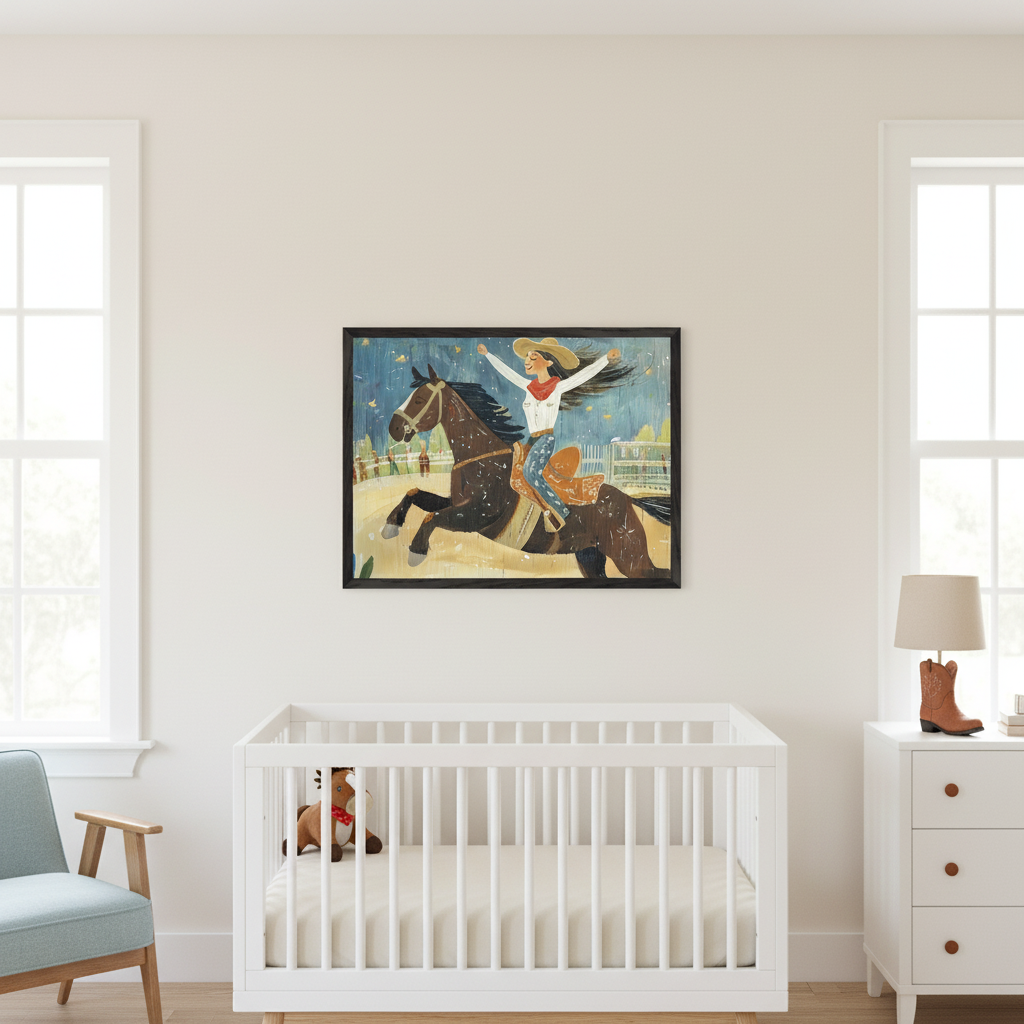 Modern nursery with a white crib, a light blue armchair, and a white dresser. A framed painting of a cowgirl with outstretched arms riding a galloping horse in an arena hangs centered above the crib.