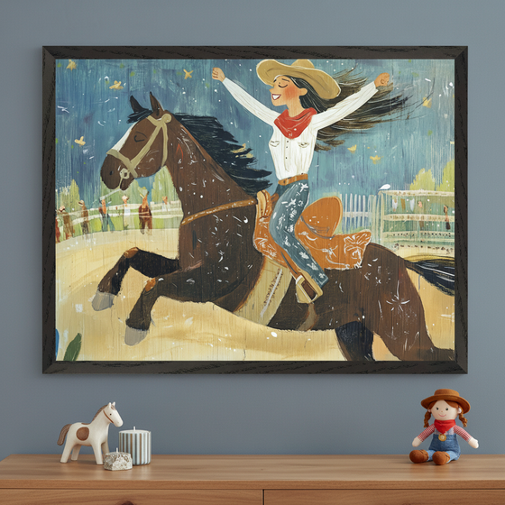Kid's room with a wooden dresser against a gray wall. A large framed rustic painting of a happy cowgirl riding a galloping horse hangs above. A horse figurine, striped candles, and a cowgirl doll are on the dresser.