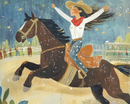 A joyful cowgirl rides a leaping brown horse in a lively rodeo setting, her arms raised in excitement. She wears a wide-brimmed hat, a red bandana, and blue jeans, with a colorful audience and fence visible in the background.