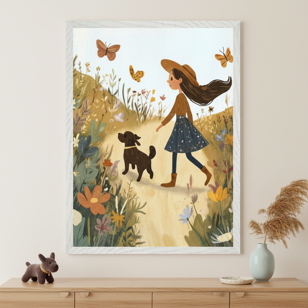 Modern room with a light wooden dresser. A white-framed illustration of a girl walking a dog through a field of wildflowers with butterflies hangs centered above the dresser. A dog plush toy and a vase with pampas grass are on the dresser.