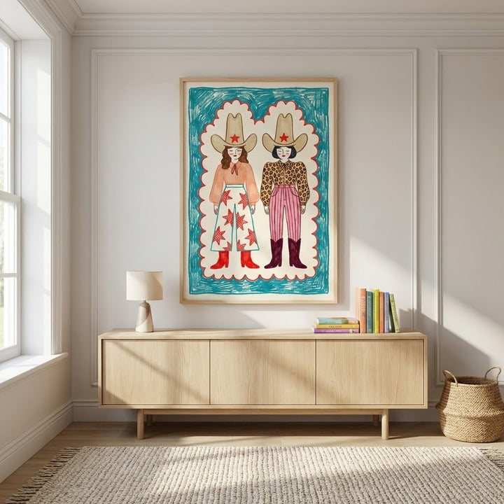 Framed folk art painting of two whimsical cowgirls in patterned western attire, displayed in a sunlit modern room with light wood furniture and a cozy rug.