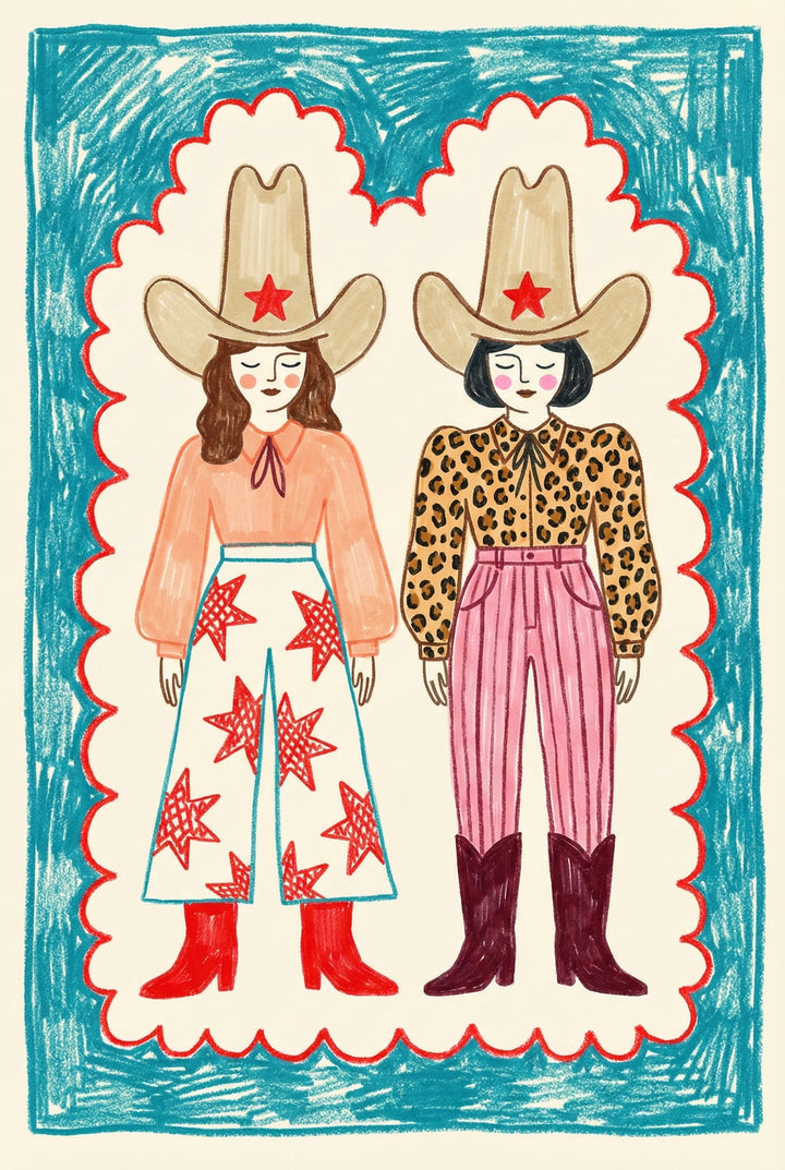 Colorful folk art-style illustration of two cowgirls wearing oversized hats with red stars, bold western outfits, and boots, framed with a bright blue and red border.