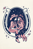 A dreamy illustration of two cowgirls floating together in outer space, framed by a glowing horseshoe, blending western romance with a starry, cosmic vibe.
