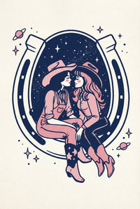 A dreamy illustration of two cowgirls floating together in outer space, framed by a glowing horseshoe, blending western romance with a starry, cosmic vibe.