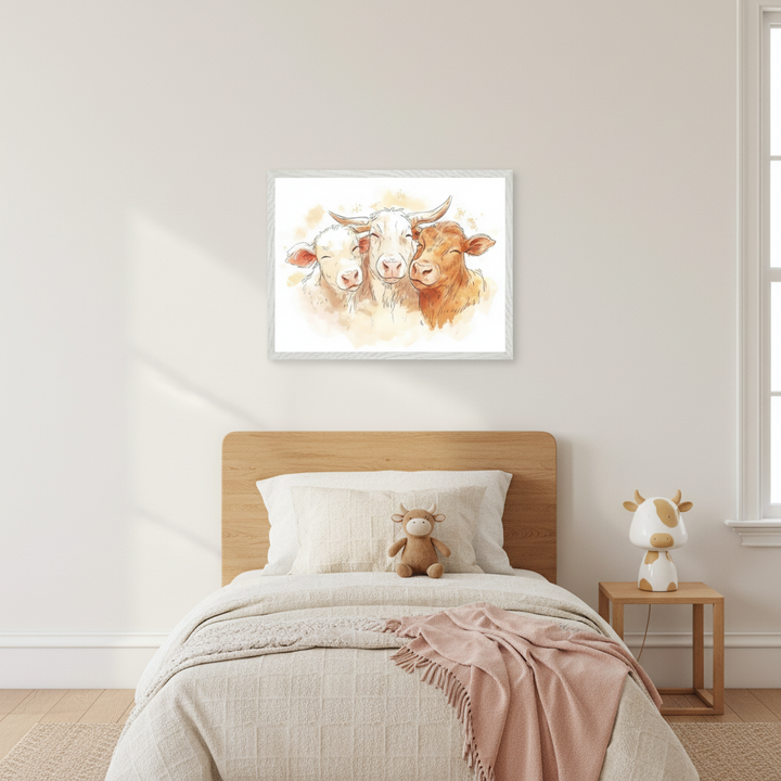 Warm-toned kid's bedroom with a wooden bed. A framed watercolor art print of three cows, one white and two brown, hangs centered above the bed. A cow-shaped lamp sits on a nightstand to the right.