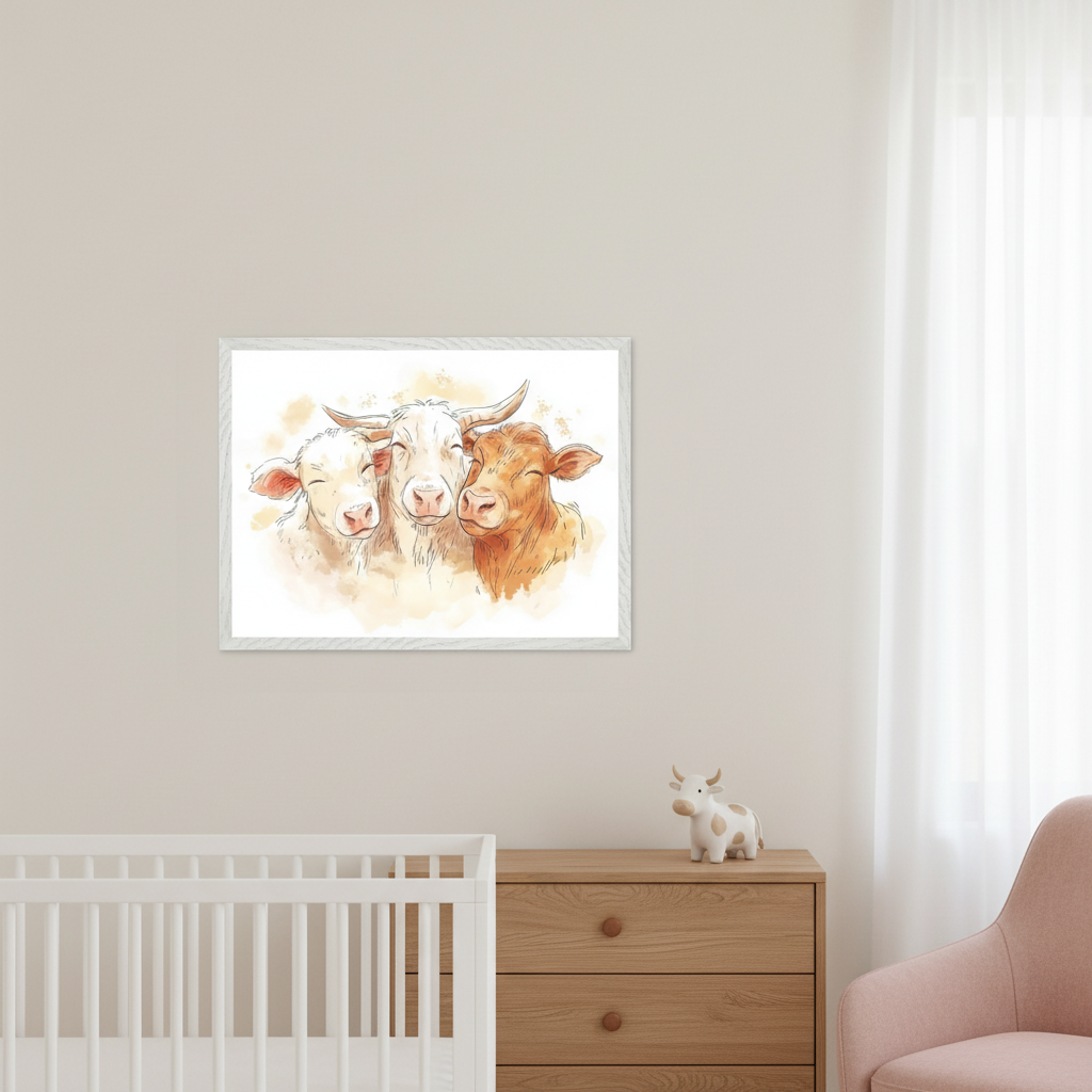 Modern nursery with a white crib and wooden dresser. A framed watercolor-style print of three cows (white, light brown, reddish-brown) hangs on the wall above the furniture. A pink armchair is to the right.